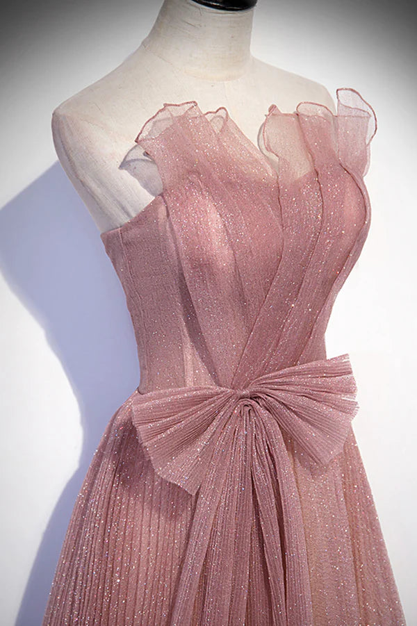 Wholesale Pink Shiny Tulle Long A-Line Prom Dress Lovely Strapless Evening Dress
